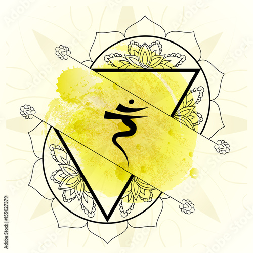 Open Third chakra manipura on yellow watercolor background