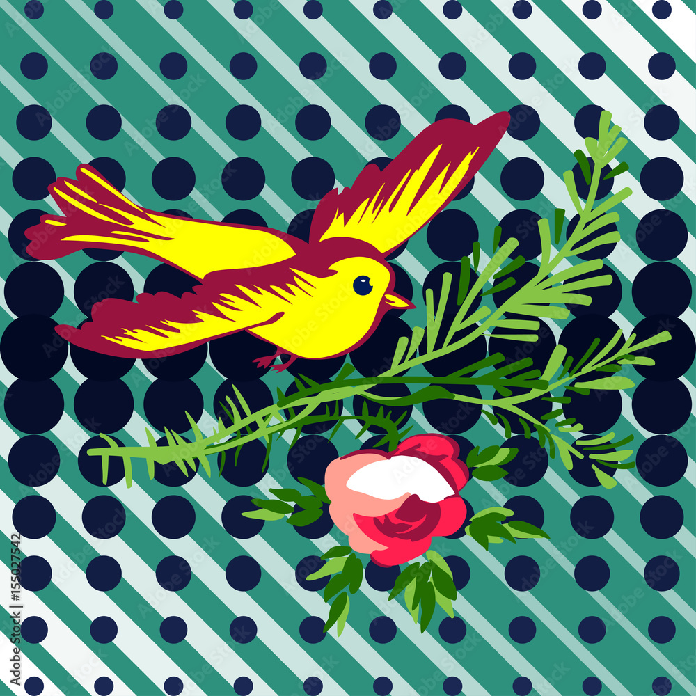 Fototapeta premium Hand drawn bird flying with flower roses tropical vintage print, halftone dots pattern retro background vector illustration for design, fashion, shirt, textile, greeting card, invitation, wedding