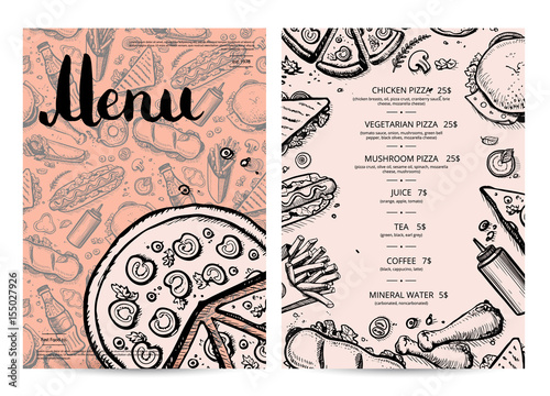 Hand drawn restaurant menu design. Cafe price catalog, junk food card with snack linear sketches. Snack vector promotion with hand drawn pizza, french fries, hot dog, chicken, drink pencil doodles.