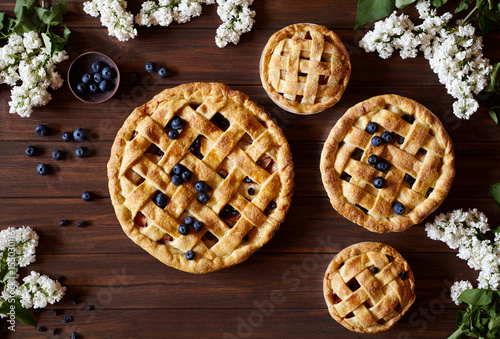 Homemade pastry apple pies bakery products on dark wooden kitchen table with raisins, cinnamon, blueberry and apples. Traditional dessert on Independence Day. Flat lay food background. Top view