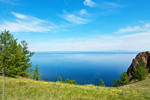 Lake Baikal in summer. The blossoming shore of the island of Olkhon on a June day