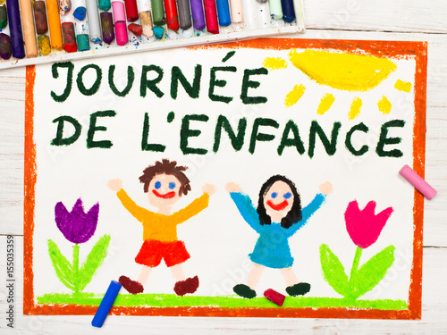 Colorful drawing: Children's day card with French words Children's day
