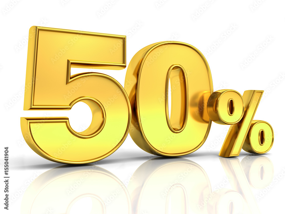 3D gold fifty percent or special offer 50% discount tag isolated over white background with shadow and reflection . 3D rendering. 3D gold fifty percent or special offer 50% discount tag isolated over white background with shadow and reflection . 3D rendering.