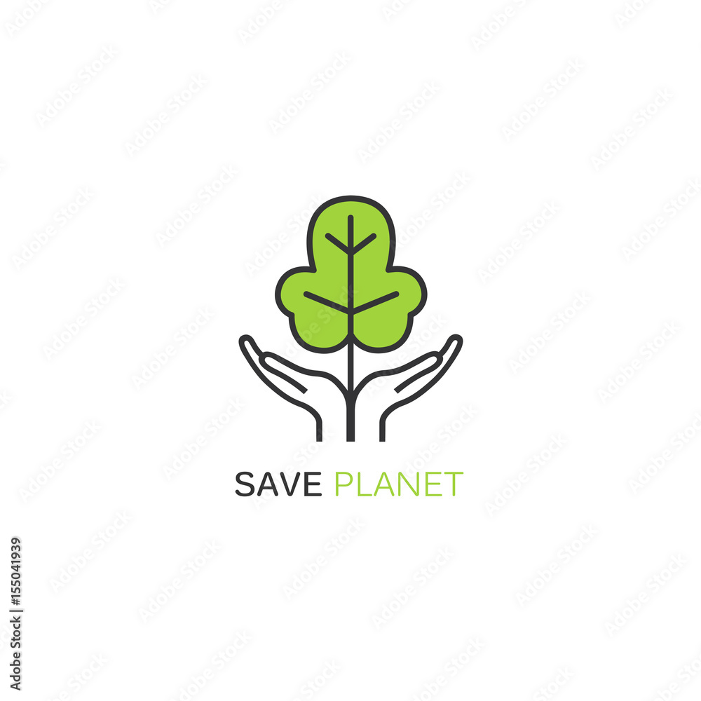 Vector logo design template in linear style - green tree growing from hands. Vector logo design template in linear style - green tree growing from hands.