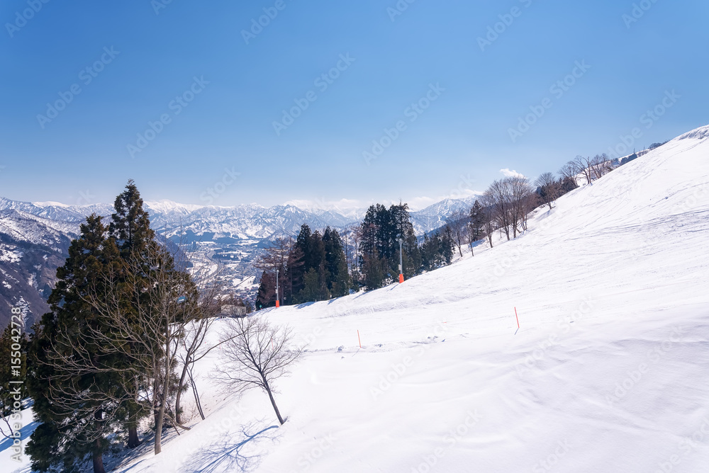 Winter snow covered mountain in Japan.Concept travel in japan