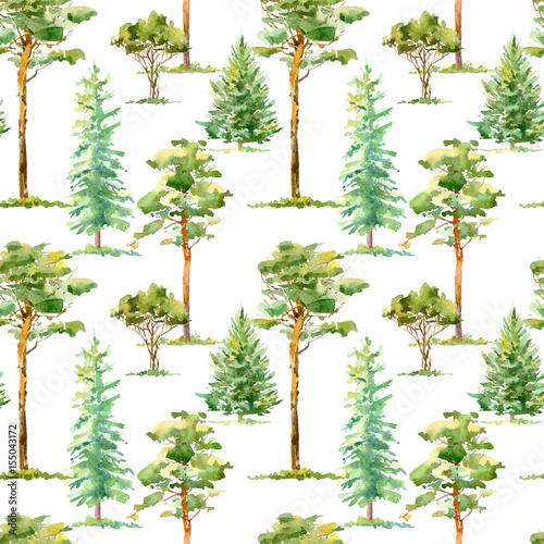 Floral seamless pattern of a pine, spruce and deciduous tree.Watercolor hand drawn illustration.White background.