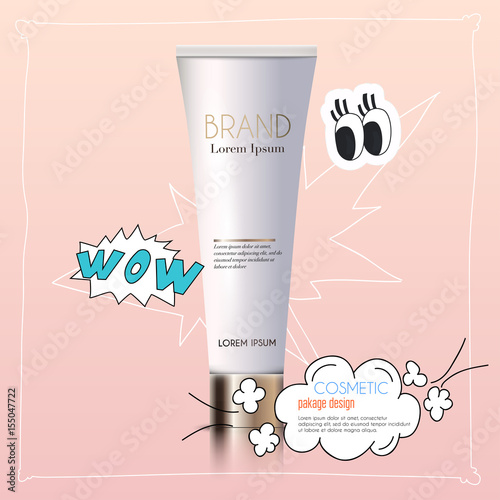 Mockup of realistic 3d cosmetics products for your design, on a background cartoon. Vector illustration.