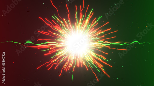 A large explosion of multi-colored particles under a microscope