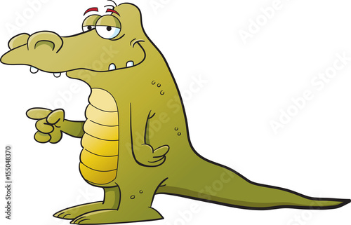 Cartoon illustration of an alligator pointing.