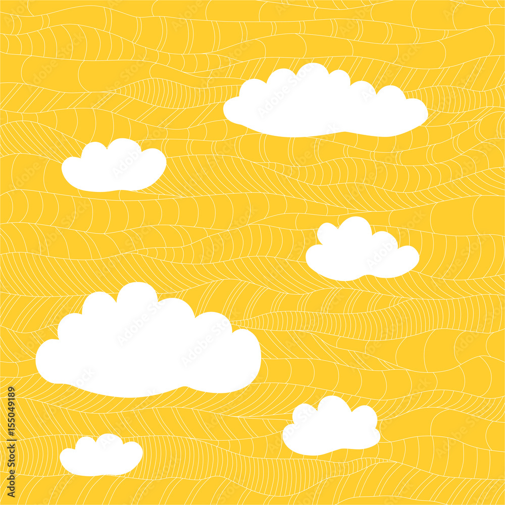 Group of white clouds over yellow waves background