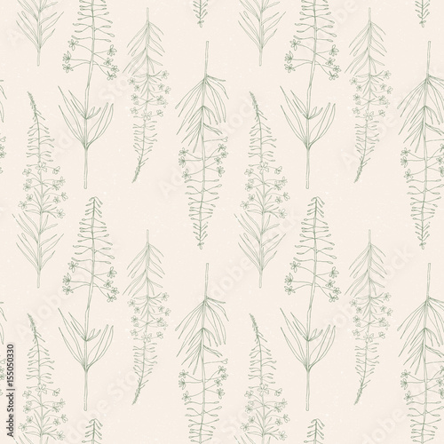 Vector floral pattern with fireweed flowers. Simple hand drawn flowers outlines in khaki green  on beige background with worn out texture.