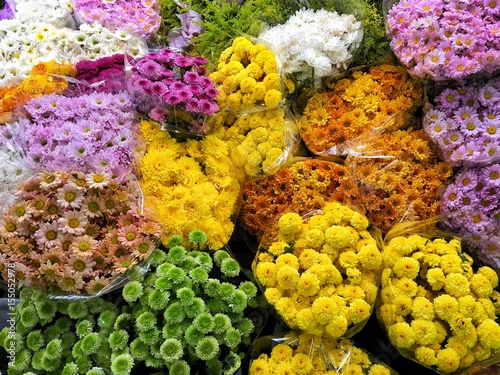 Top view of colorful flowers in the market
