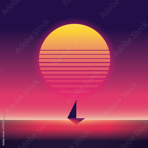 Summer traveling and holiday vector poster with yacht sailing in sunset. 80s neon retro vintage style.