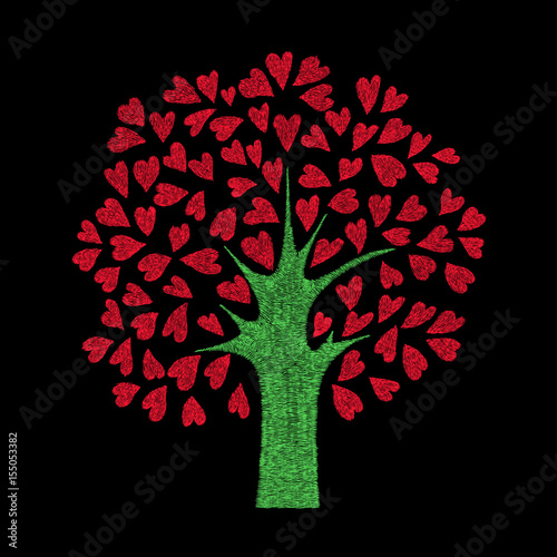 heart tree embroidery artwork design for clothing, isolated plant vector