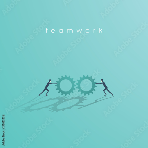 Business teamwork vector concept with two businessman pushing cog wheels to each other. Business symbol of cooperation, work, solution.