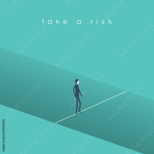 Business risk vector concept with businessman walking over hole on a line rope. Symbol of business challenge, determination, motivation.