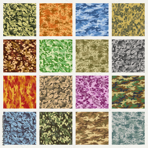 Military and marine uniform camouflage patterns. Vector army combat camo seamless fabric pattern set photo