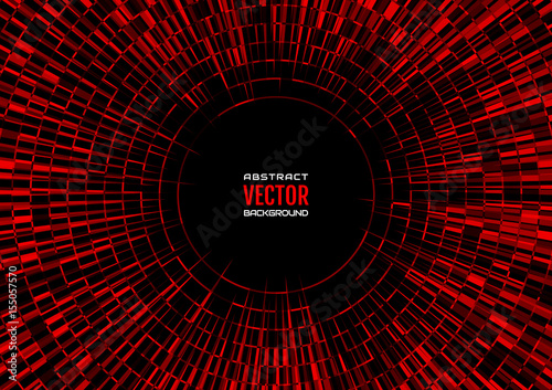Horizontal geometric illustration of radial random abstract shapes. Red disco ball background. Free space in the center for your text