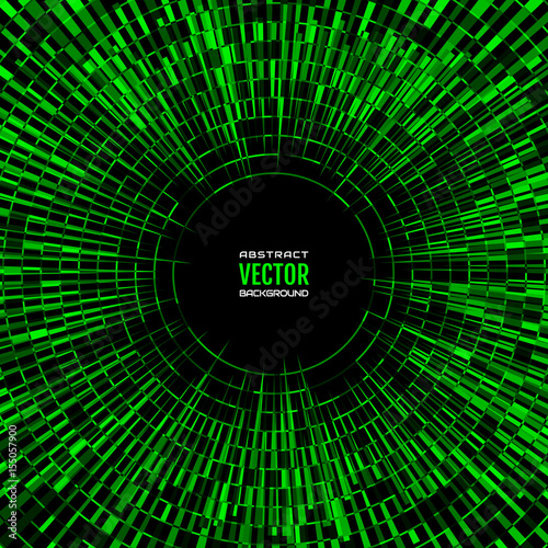Square geometric illustration of radial random abstract shapes. Green disco ball background. Free space in the center for your text