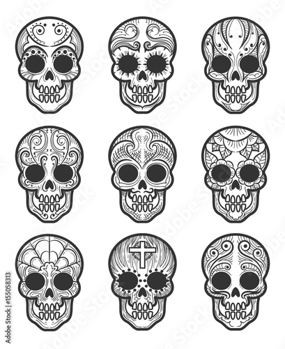 Calavera or sugar skull tattoo set for mexican day of the dead vector art isolated on white background