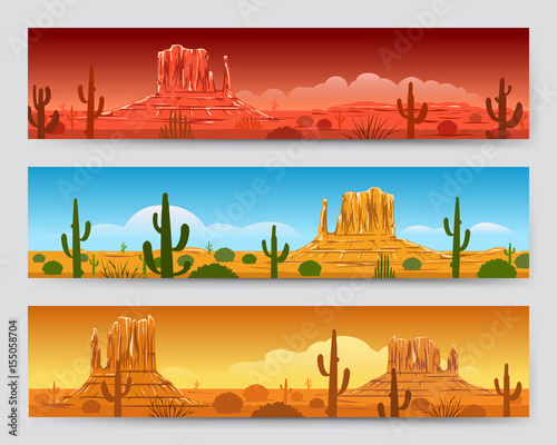 Wild nature tranquil desert mexican landscape banners with sunrise or sunset, cactus and mountain silhouettes. Vector illustration