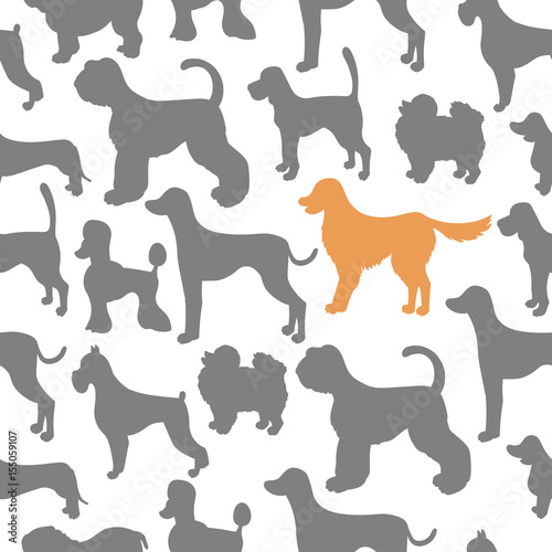Unusual seamless pattern with dog silhouettes.  Set of  different breeds.