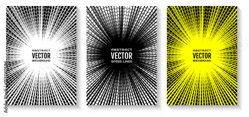 Set comic book speed lines radial background with effect power explosion. Geometric illustration of rays intersected by wave rings. Background of random abstract shapes