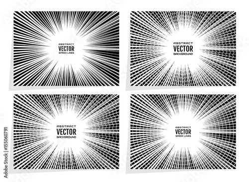 Set comic book speed lines radial background with effect power explosion. Geometric monochrome illustration of random abstract shapes. Free space in the center for your text