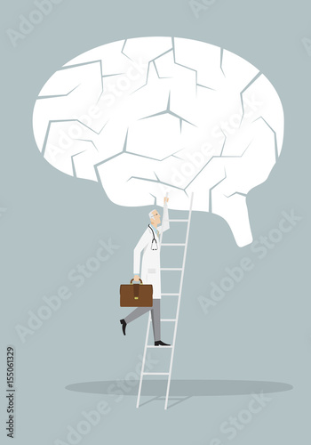 Alzheimer Treatment Concept:: doctor going up by stair to fix the broken brain.