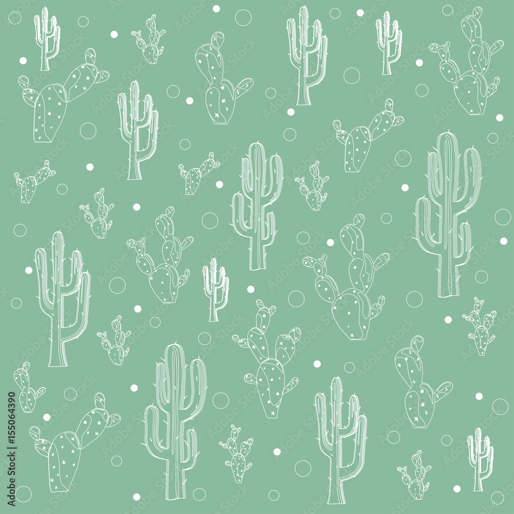 Fototapeta premium Seamless doodle hand drawn cactus pattern over green background