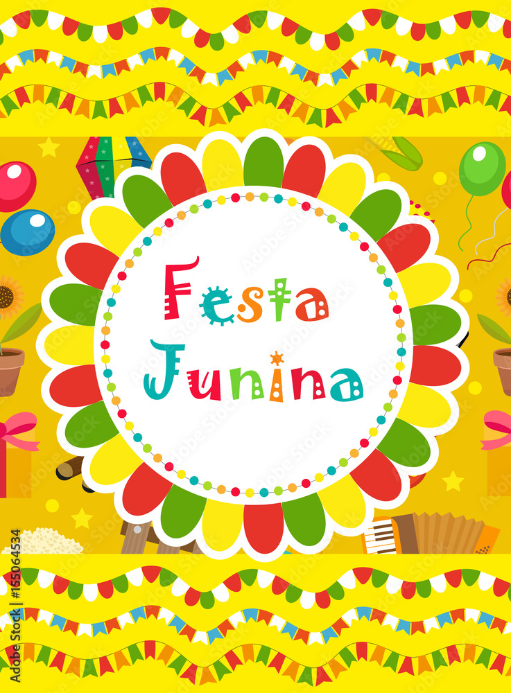 Festa Junina greeting card, invitation, poster. Brazilian Latin American festival template for your design.Vector illustration