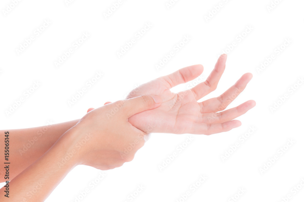 woman hands pain on white background,office syndrome concept