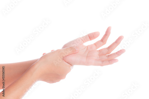 woman hands pain on white background,office syndrome concept