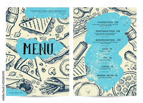 Restaurant and cafe food menu design. Hand drawn price catalog, junk food card with snack linear sketches. Fast food vector template with hand drawn pizza, hot dog, chicken, drink pencil doodles