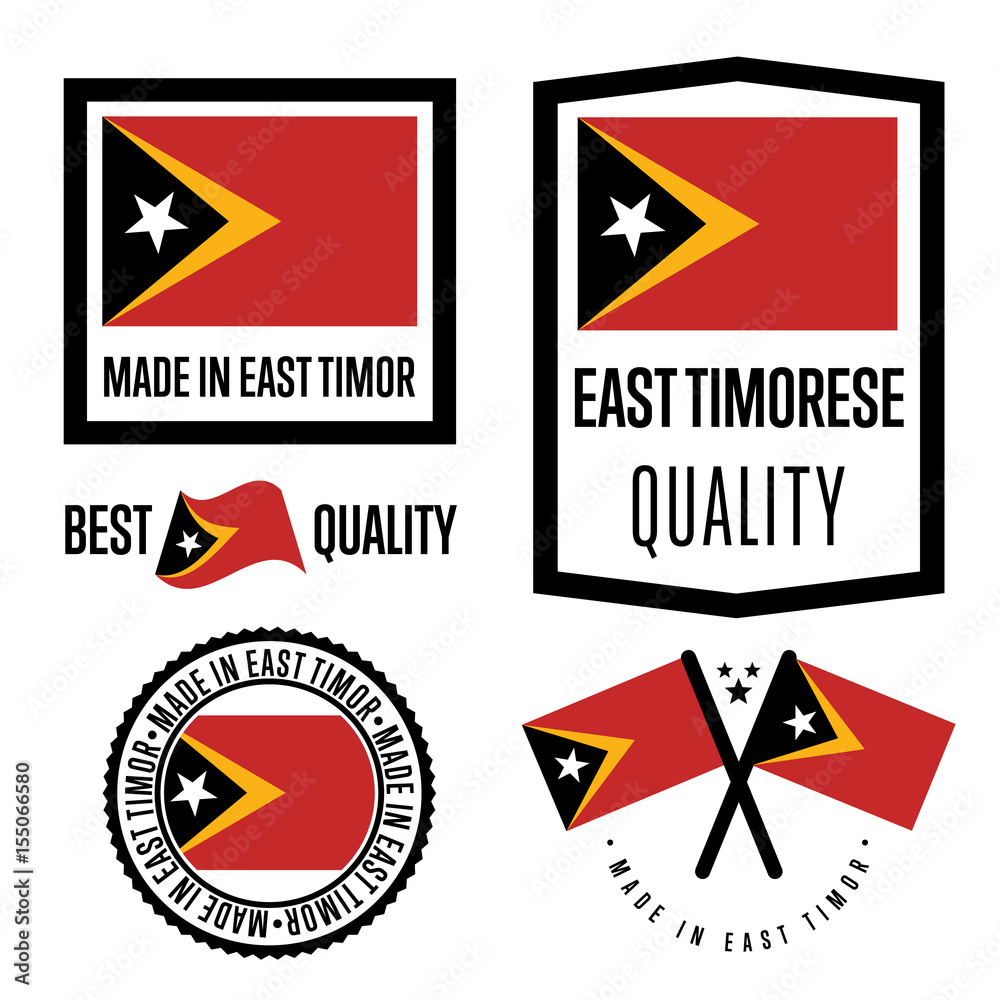 East Timor quality isolated label set for goods. Exporting stamp with timorese flag, nation manufacturer certificate element, country product vector emblem. Made in East Timor badge collection. East Timor quality isolated label set for goods. Exporting stamp with timorese flag, nation manufacturer certificate element, country product vector emblem. Made in East Timor badge collection.