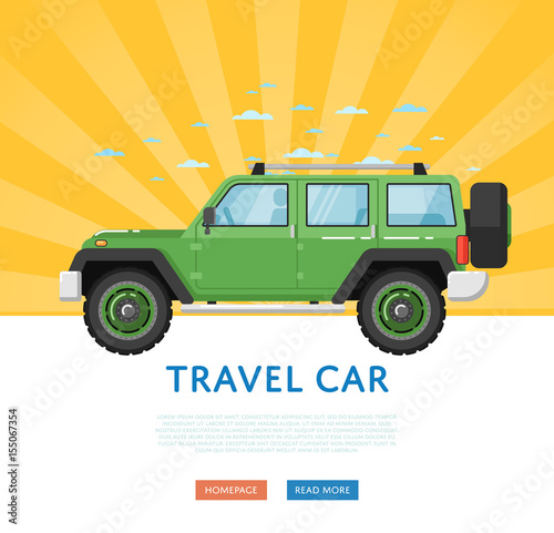 Website design with extreme travel car. Off road 4x4 auto vehicle, modern suv car on blue striped background banner. Auto business, sale or rent transport online service vector illustration concept