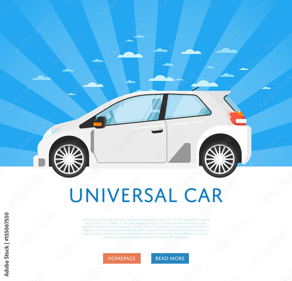 Website design with universal city car. Comfortable family car on blue striped background, modern auto vehicle banner. Auto business, sale or rent transport online service vector illustration concept