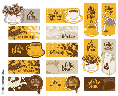 set of banners on the theme of coffee with cup and saucer, coffee grinder, coffee splashes and spots in retro style with inscriptions