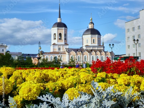 Beautiful colorful flowers at church background