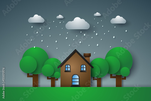 House in green field with rain , paper art style