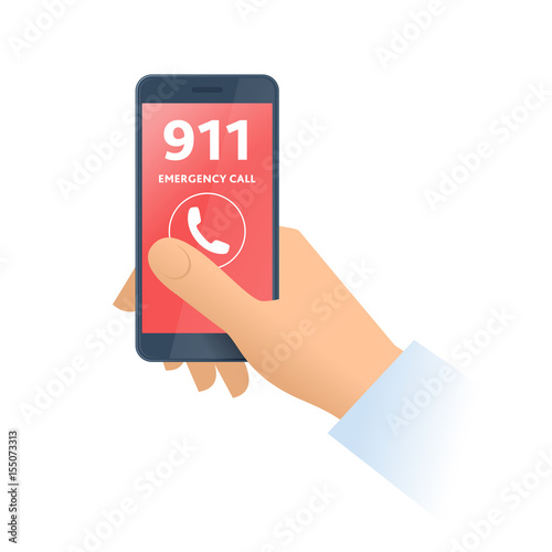 A hand dials 911 number on the phone. Emergency calling, technology, smart phone, 911 support and first aid service flat concept illustration. Vector design element isolated on white background.