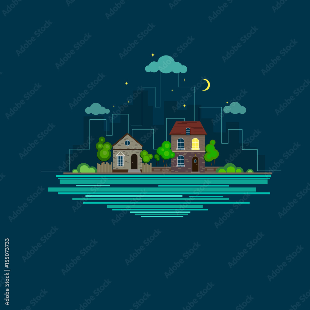 Flat vector design city with cartoon houses and buildings