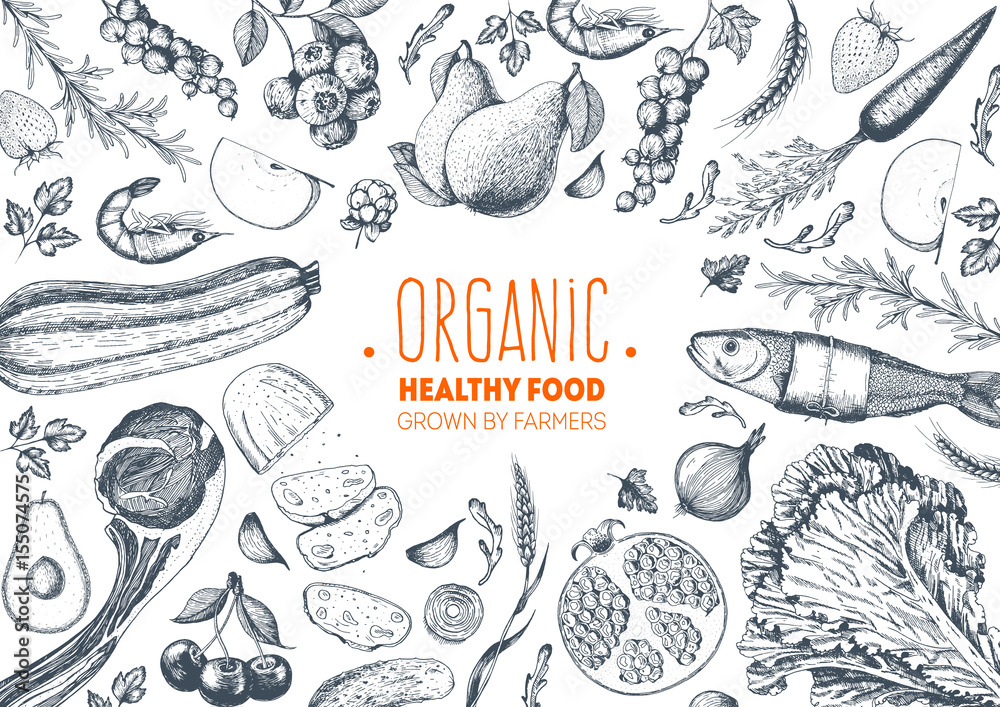 Healthy food frame vector illustration. Vegetables, fruits, meat hand drawn. Organic food set - obrazy, fototapety, plakaty 