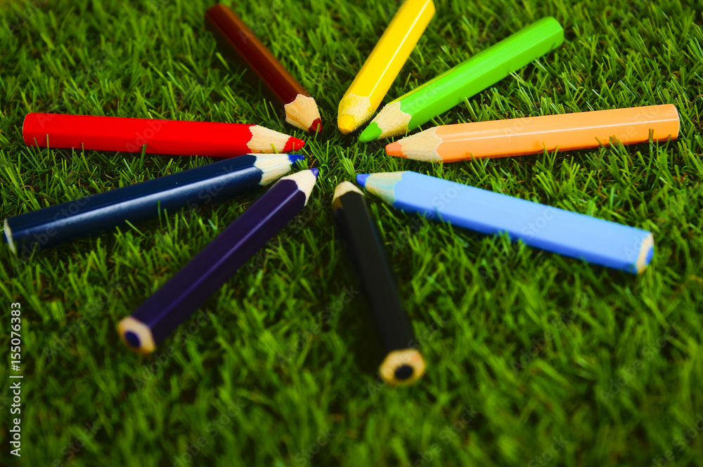 colourful colour pencil over green grass colourful colour pencil over green grass