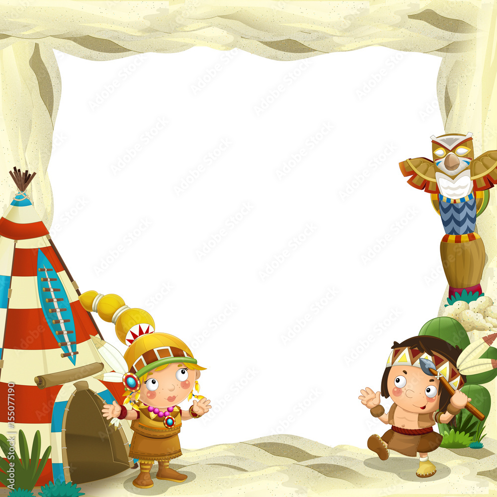 Obraz premium Cartoon frame for different usage native american characters husband with a spear and wife standing near the tee pee