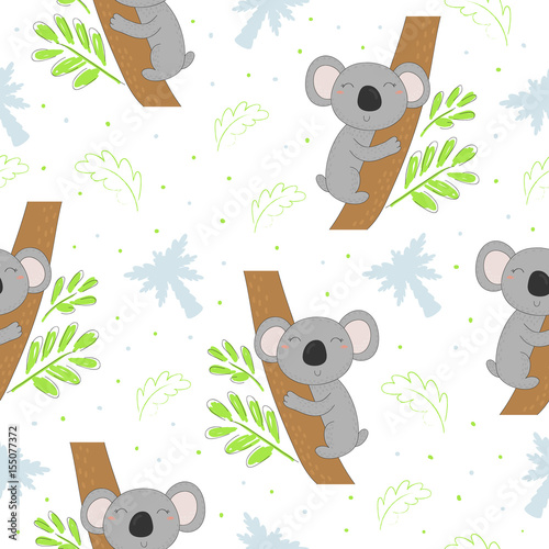 Seamless pattern with cute koala on the tree . Vector background for kids
