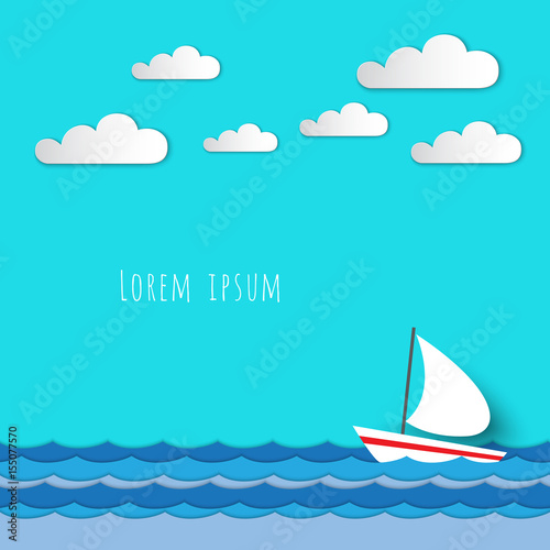 Sailing boat in the sea paper art style