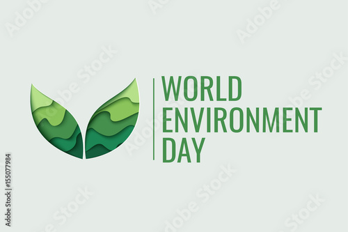 World Environment day concept. 3d paper cut eco friendly design. Vector illustration.  Paper carving layer green leaves shapes with shadow