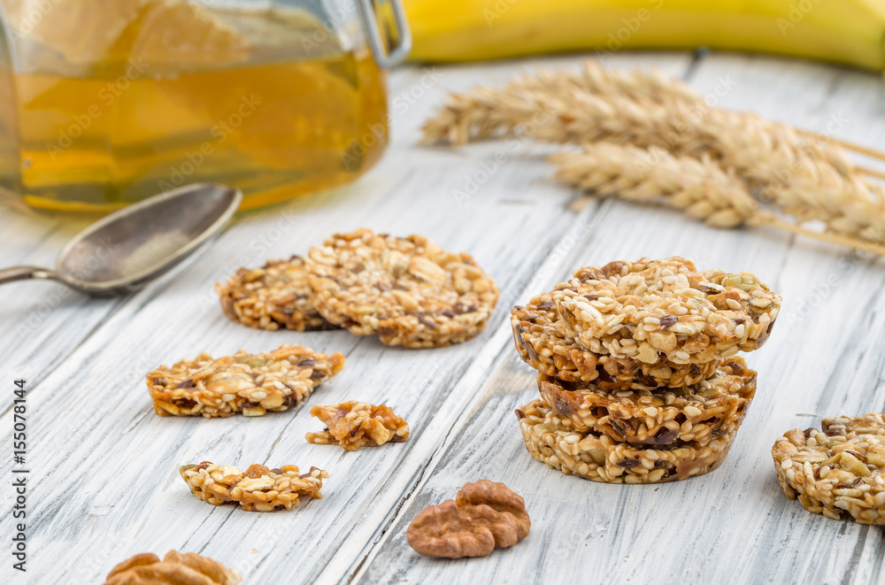 Cereal cookies with raisins and nuts. Healthy nutrition vegan food with protein. Cereal cookies with raisins and nuts. Healthy nutrition vegan food with protein.