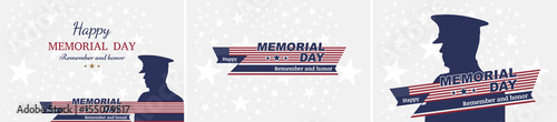 Set happy memorial day. Greeting cards with flag and soldier on background. National American holiday event